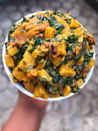 Unripe Plantain with vegetable and Akpaka